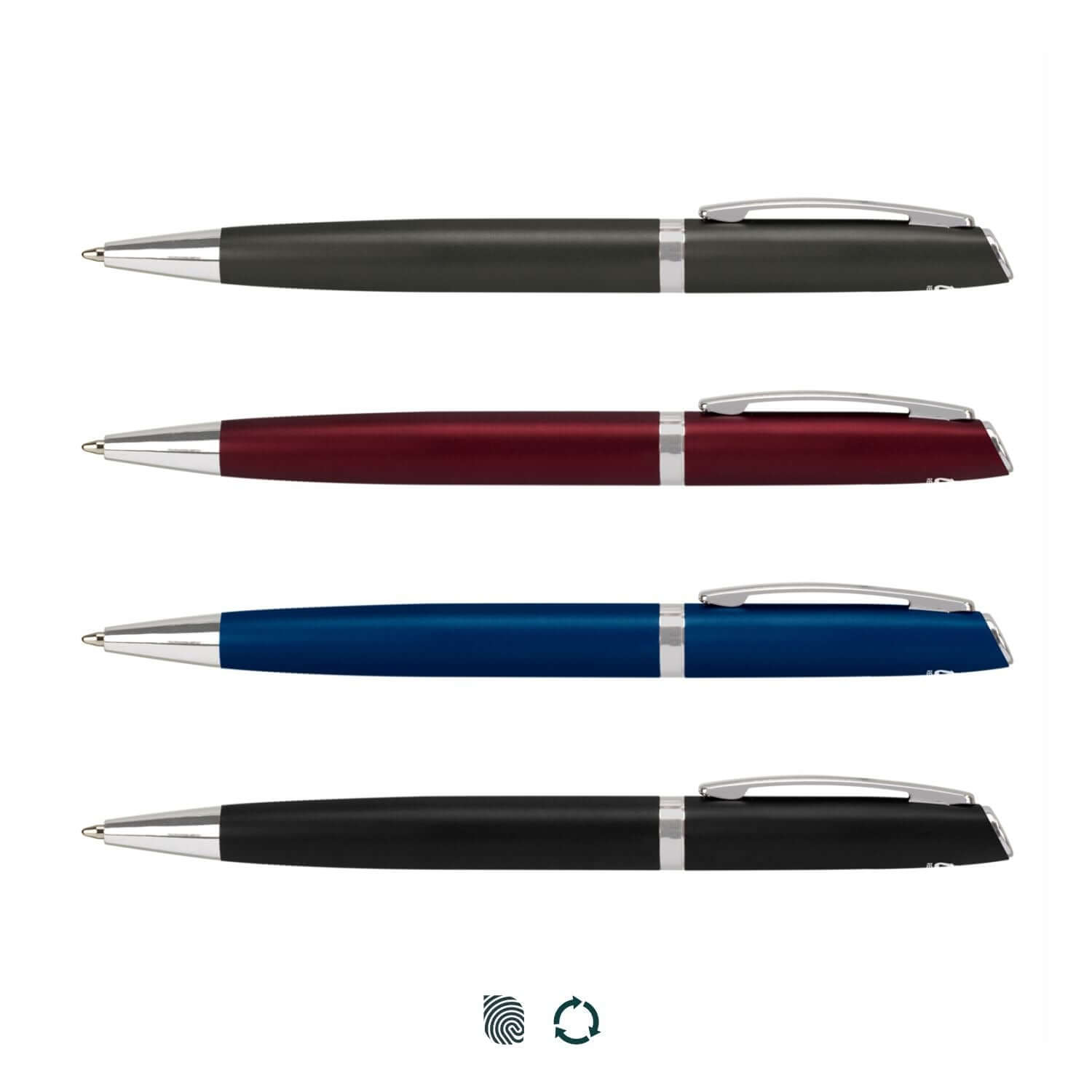 Scorpio Pen collection showcasing four colors: black, blue, red, and gray. Ideal for eco-friendly corporate gift.