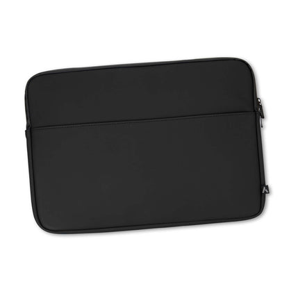 ARCHER Soft-Touch Laptop Sleeve in sleek black with front slip pocket and zippered back pocket.