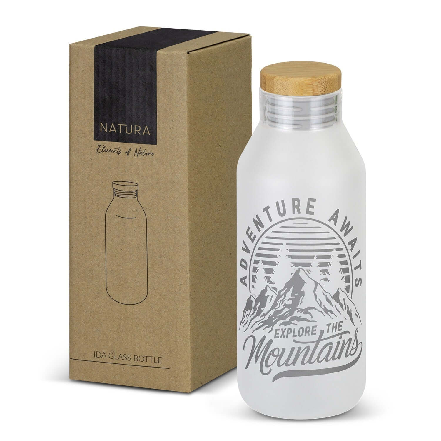 NATURA Ida Glass Bottle displayed with packaging, featuring a frosted finish and natural bamboo lid, perfect as a Corporate Gift.
