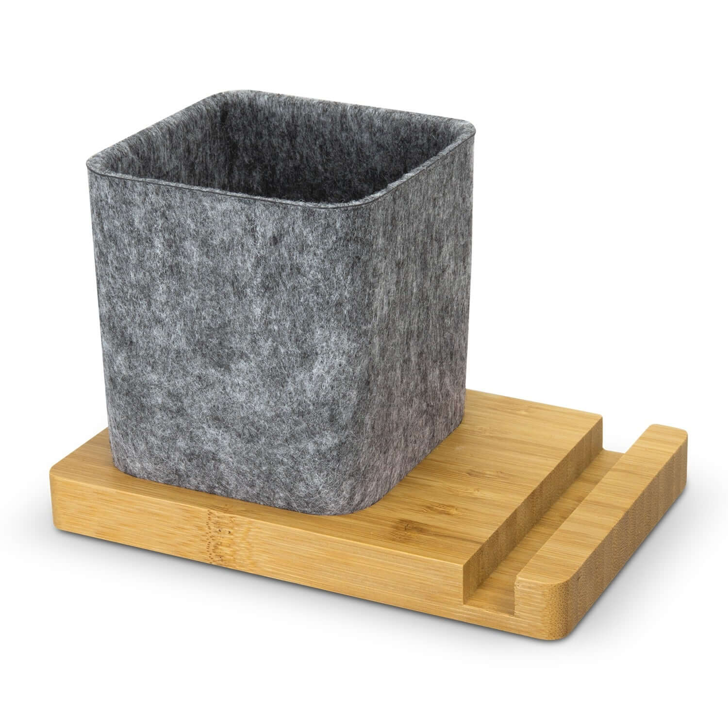 NATURA Bamboo Phone Stand Desk Caddy on bamboo base with gray felt organizer, perfect for corporate gift.