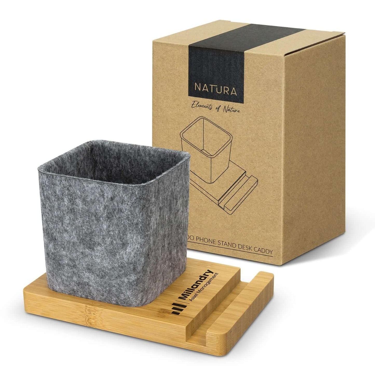 NATURA Bamboo Phone Stand Desk Caddy with grey felt container and bamboo base, ideal for corporate gift.