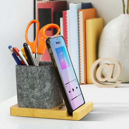 NATURA Bamboo Phone Stand Desk Caddy with stationery and phone, ideal for corporate gifts and organized workspace.