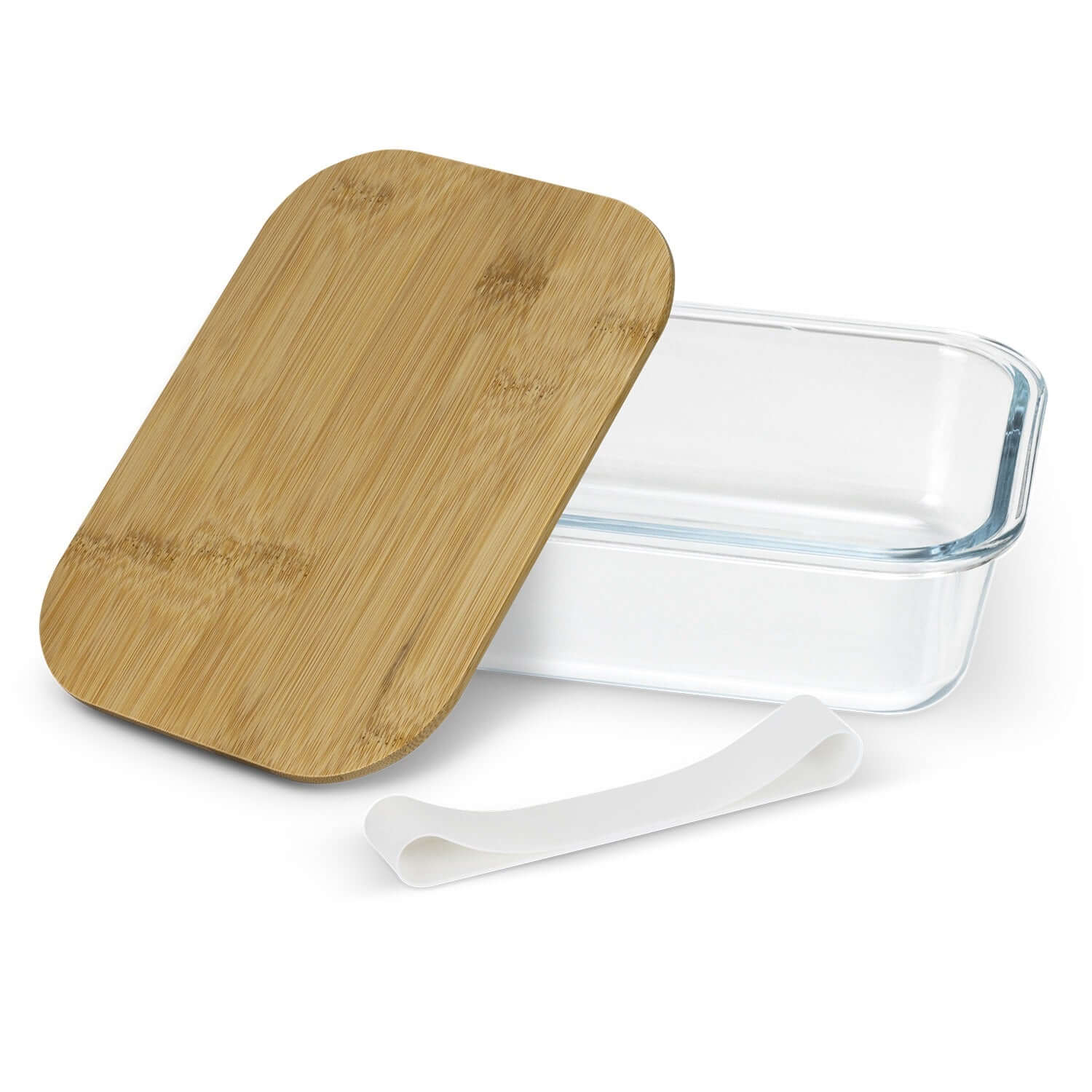 NATURA Iris Glass Lunch Box with bamboo lid and white silicone band, perfect for meal prep and corporate gift.
