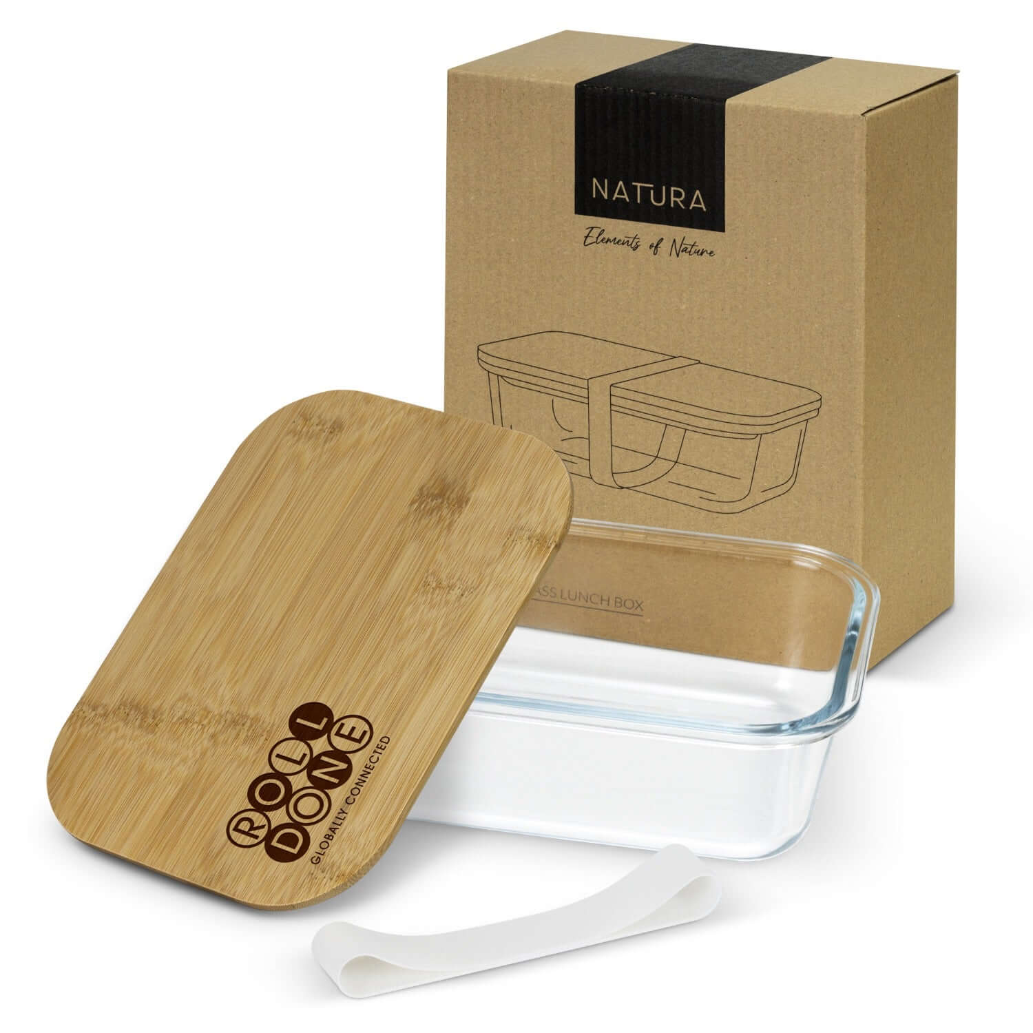 NATURA Iris Glass Lunch Box with bamboo lid, showcasing its eco-friendly design and packaging.