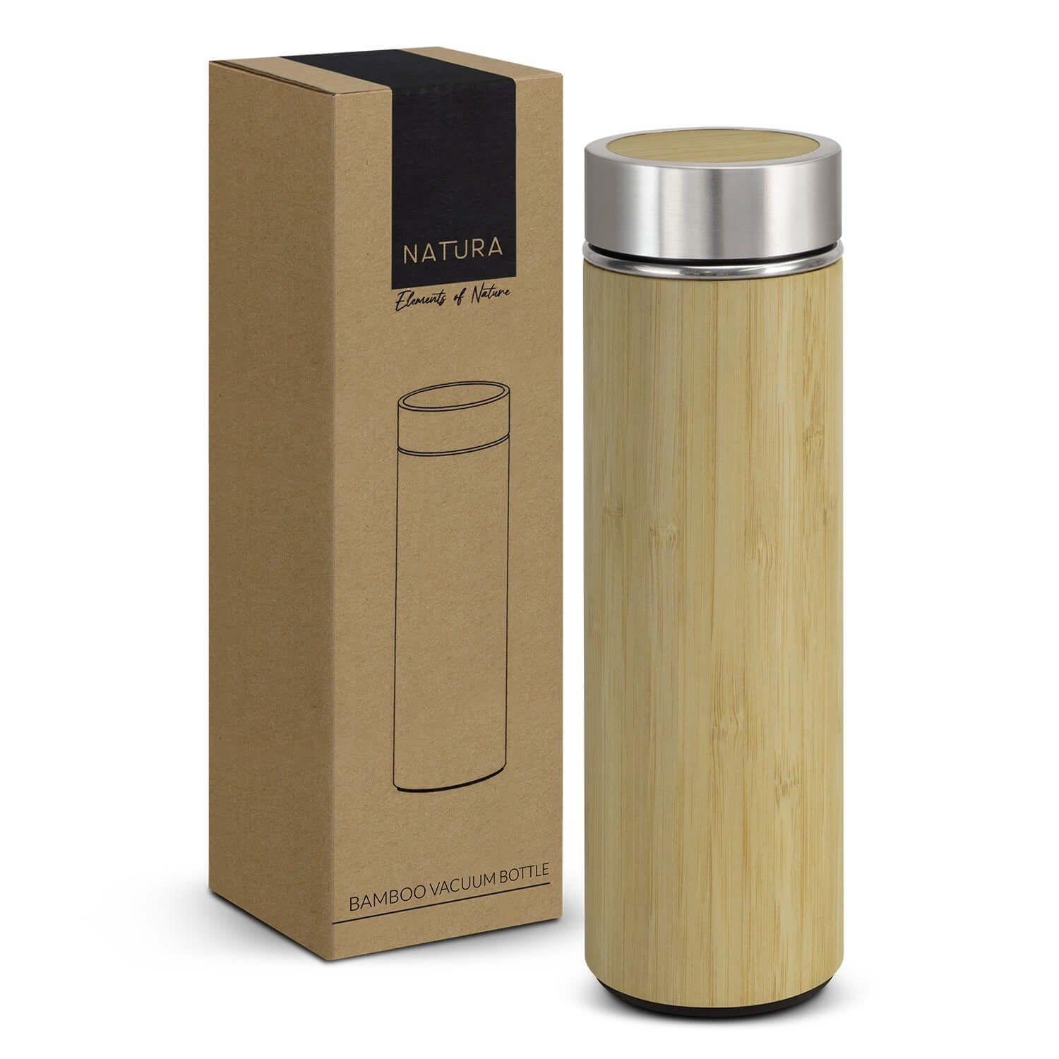 NATURA Bamboo Vacuum Bottle in bamboo finish with packaging, perfect for corporate gift ideas.