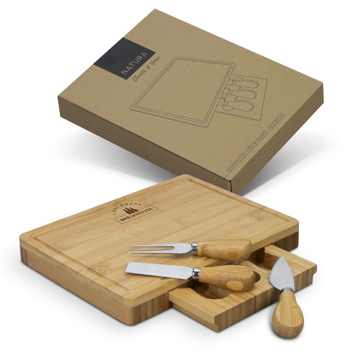 NATURA Kensington Cheese Board - Rectangle with cutlery drawer and knives, elegant corporate gift presentation.