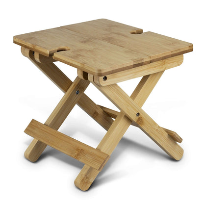 NATURA Bamboo Folding Wine Table showcasing its collapsible design, perfect for outdoor gatherings and corporate gifts.