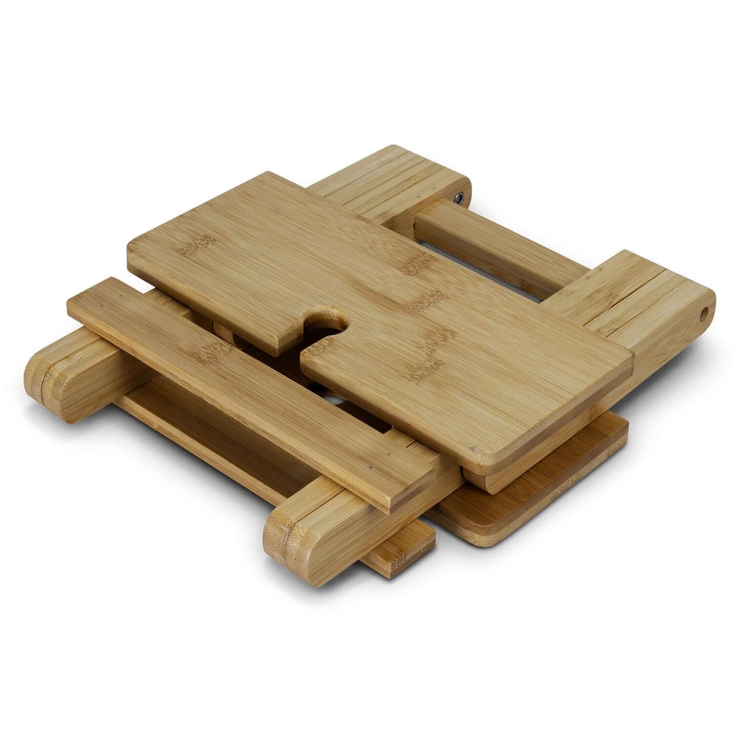 NATURA Bamboo Folding Wine Table in a compact and folded position, showcasing its stylish bamboo design.