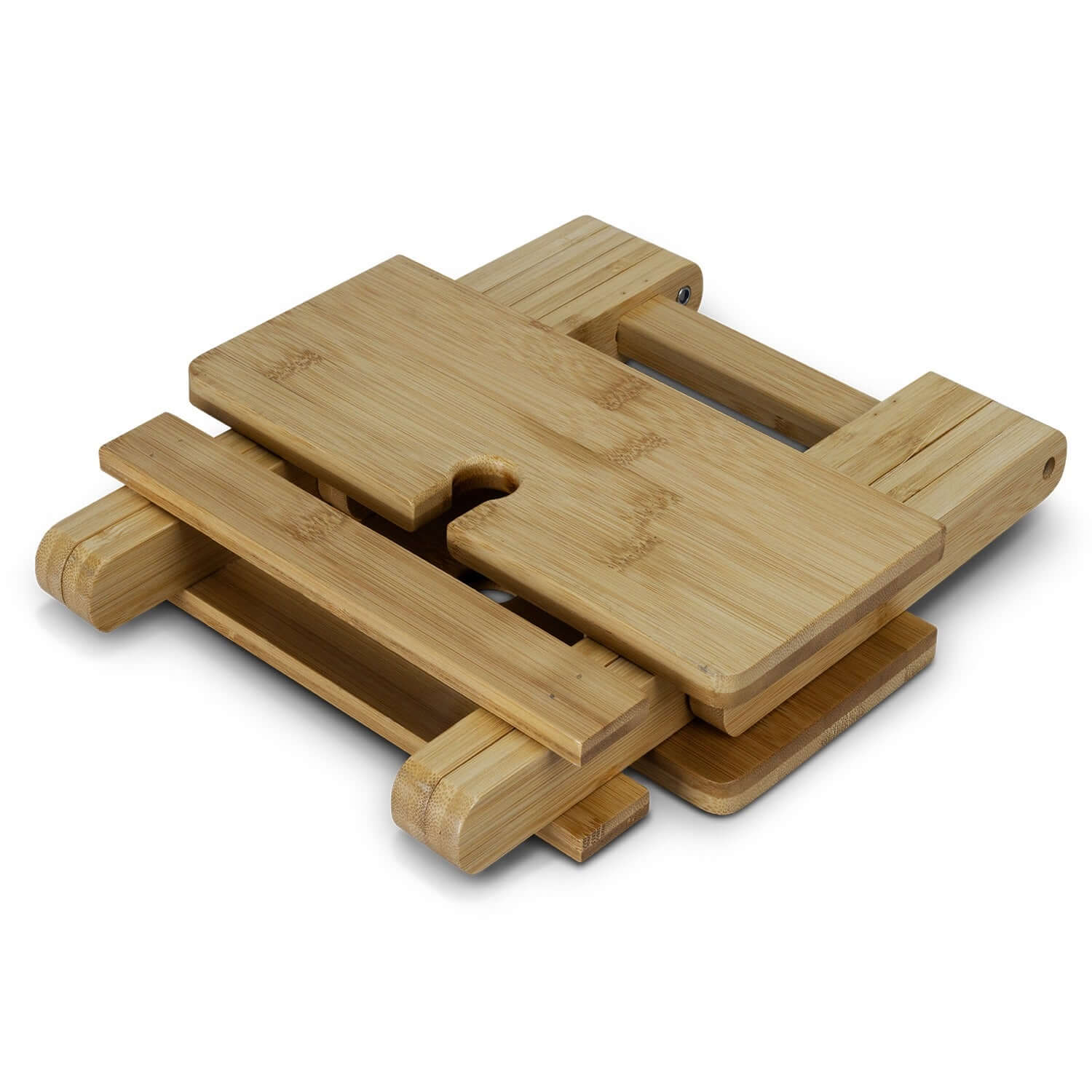 NATURA Bamboo Folding Wine Table in a compact and folded position, showcasing its stylish bamboo design.