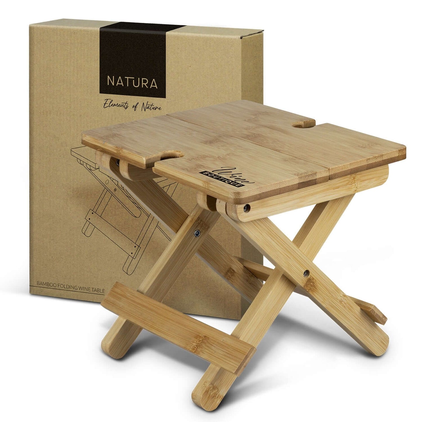NATURA Bamboo Folding Wine Table with natural kraft gift box, perfect for outdoor gatherings.