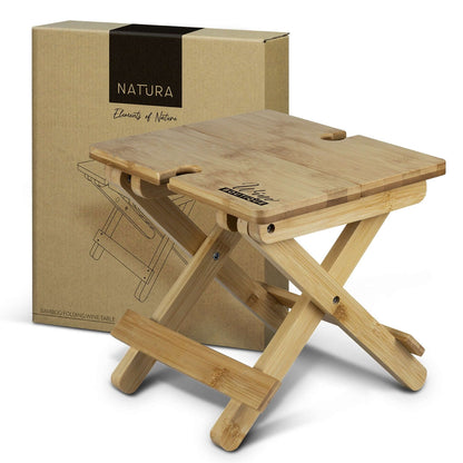 NATURA Bamboo Folding Wine Table with natural kraft gift box, perfect for outdoor gatherings.