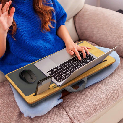 NATURA Bamboo Lap Desk featuring a laptop, mouse, and phone on a sofa for comfortable workspace.