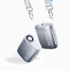 JisuLife Neck Fan Life5 hanging with a strap, showcasing sleek design and portable cooling features.