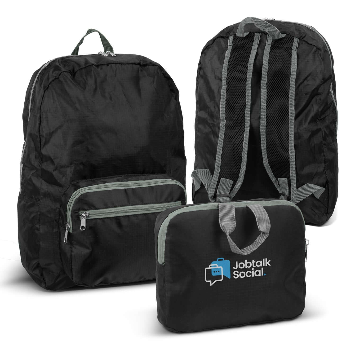 Origami Foldable Backpack displayed in three angles, featuring logo and zippered compartments, ideal as Corporate Gift Singapore.