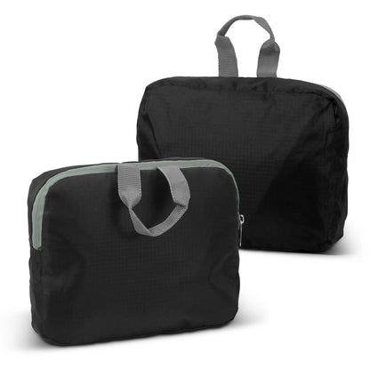 Origami Foldable Backpack in black with carrying handles, ideal for travel and corporate gifts in Singapore.