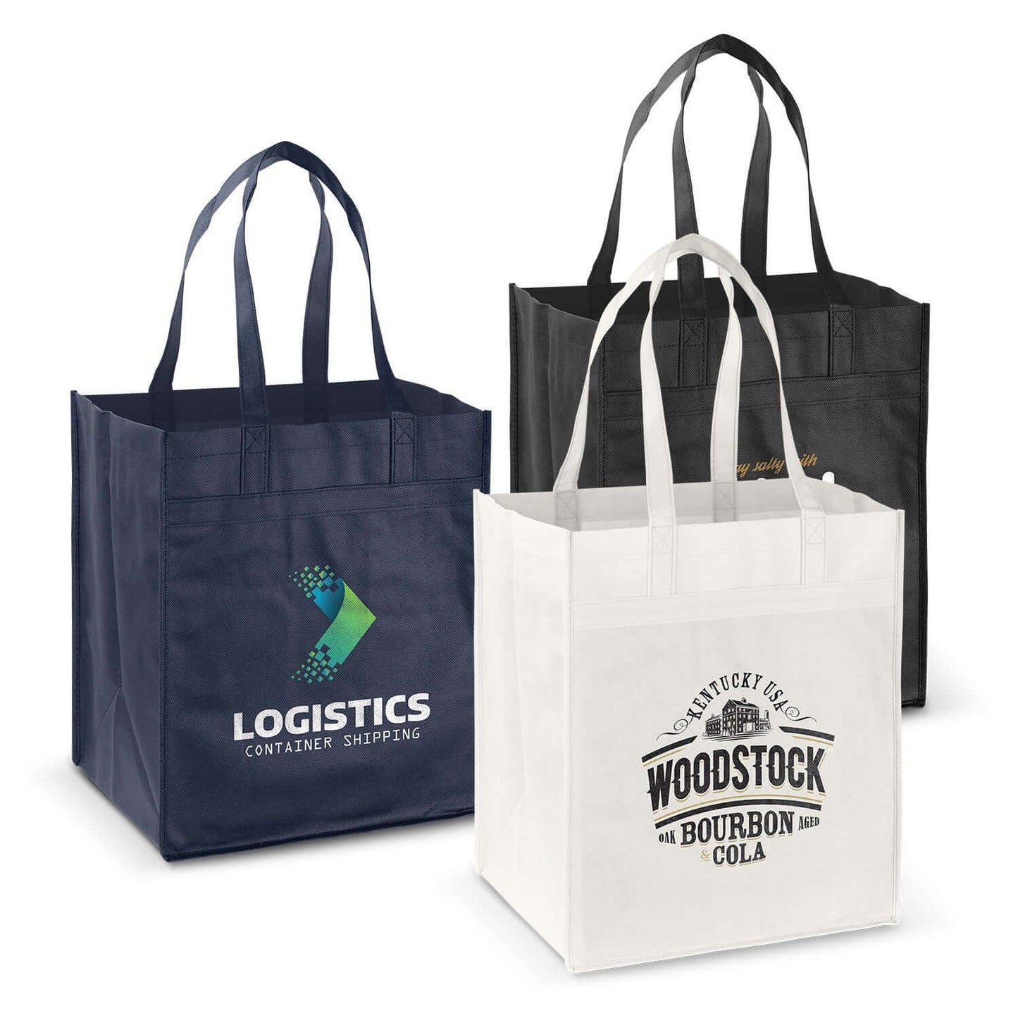 Various Mega Shopper Tote Bags in black, navy, and white, perfect for corporate gifts and stylish shopping.