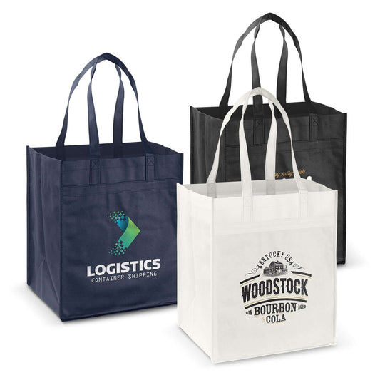 Various Mega Shopper Tote Bags in black, navy, and white, perfect for corporate gifts and stylish shopping.