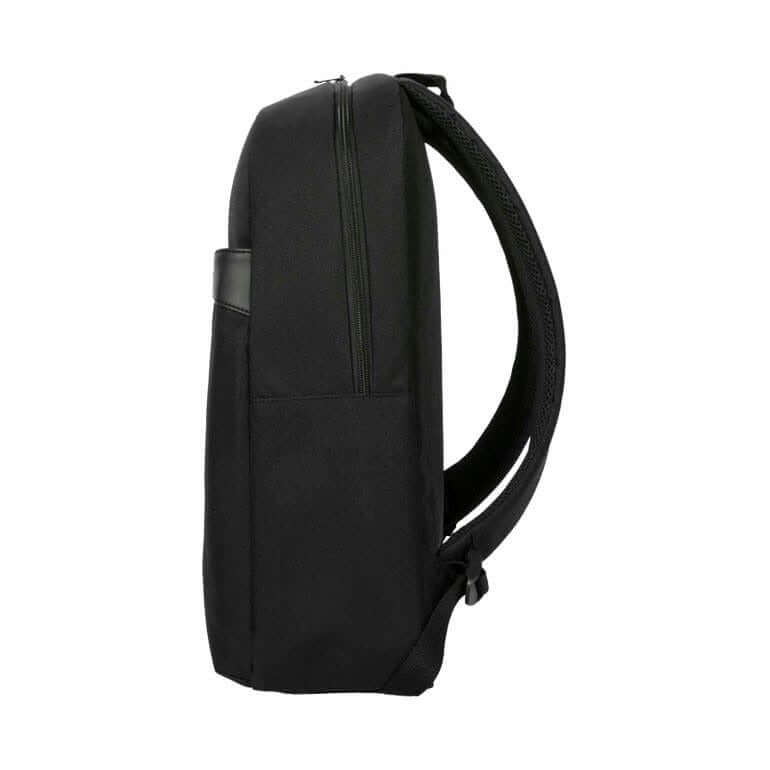 Targus 15-16" GeoLite EcoSmart® Essentials Backpack side view showcasing sleek design and shoulder straps.
