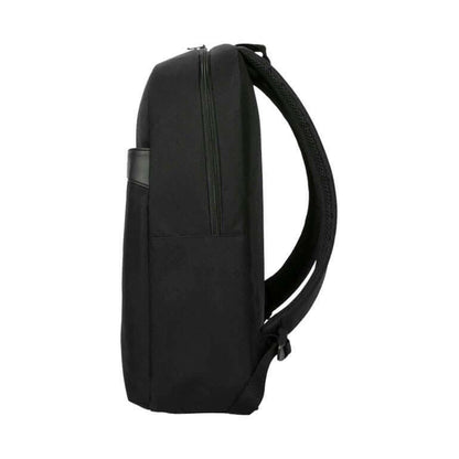 Targus 15-16" GeoLite EcoSmart® Essentials Backpack side view showcasing sleek design and shoulder straps.