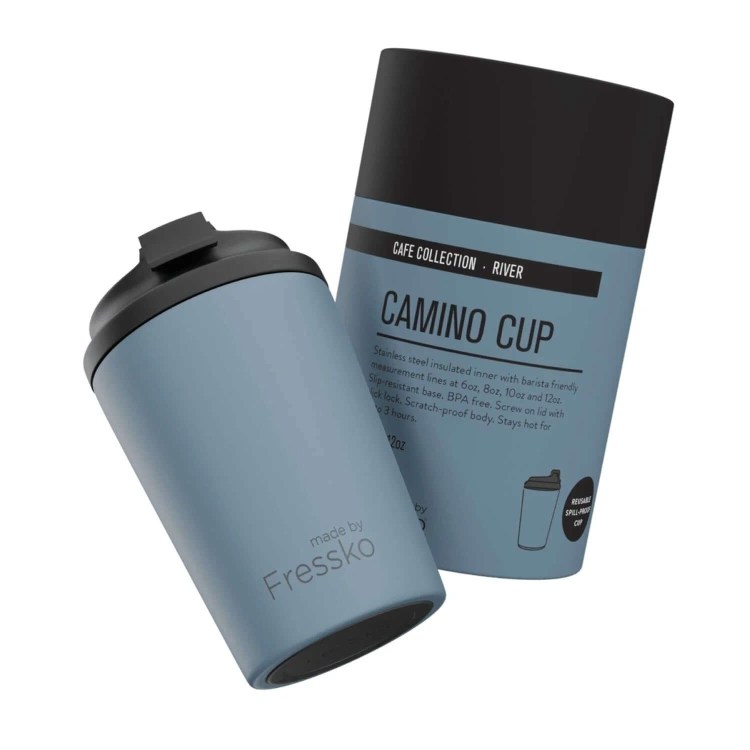 Made By Fressko Camino 12oz Insulated Stainless Steel Cup with packaging.