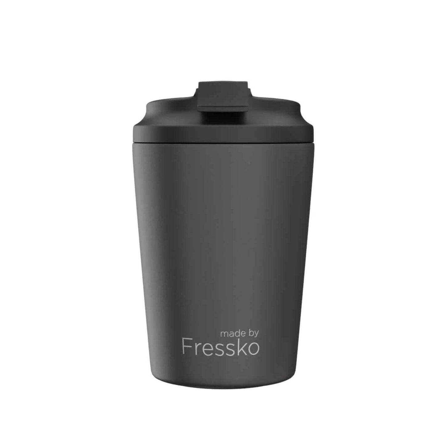 Made By Fressko Camino 8oz Insulated Stainless Steel Cup in sleek black design, perfect for hot and cold beverages.