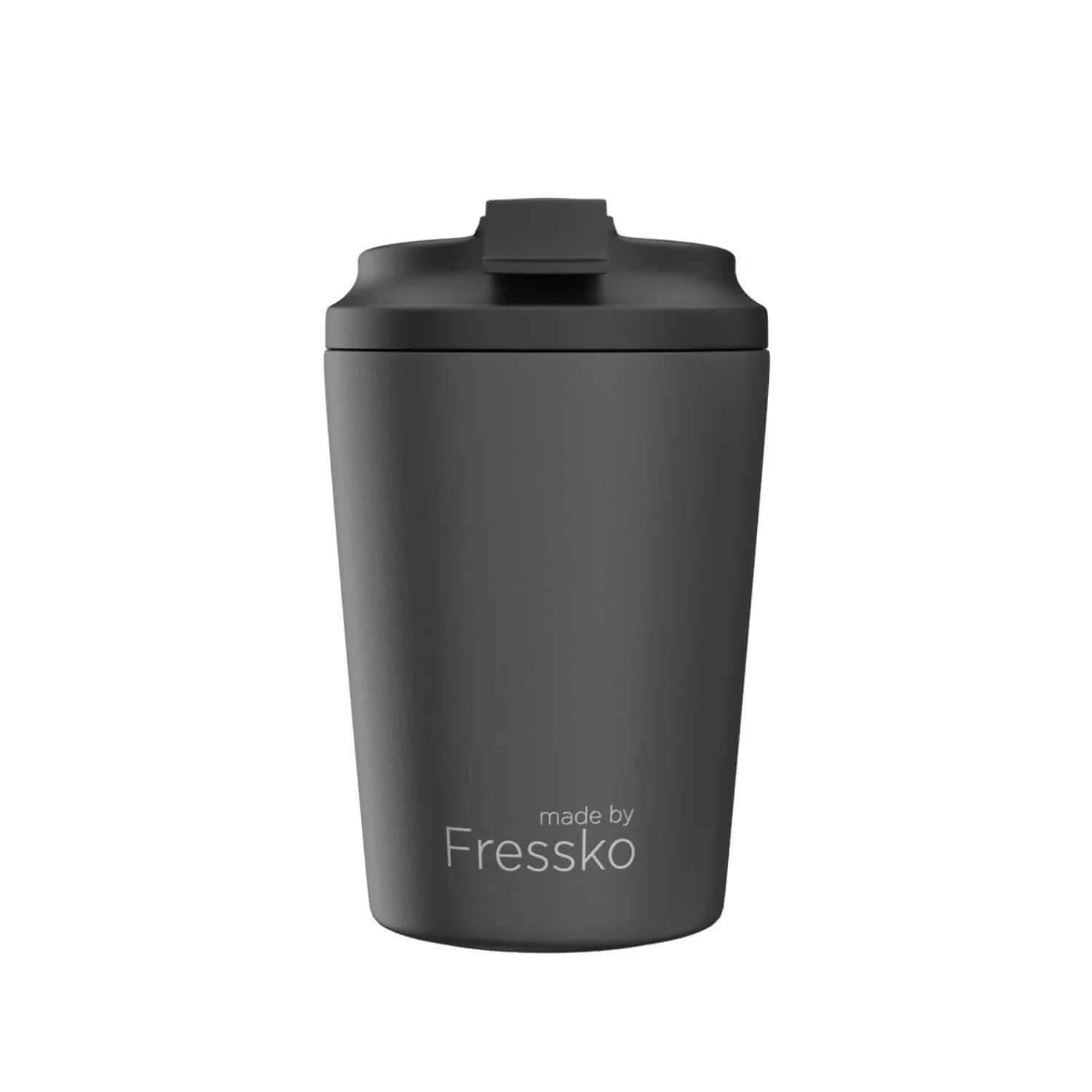 Made By Fressko Camino 8oz Insulated Stainless Steel Cup in sleek black design, perfect for hot and cold beverages.