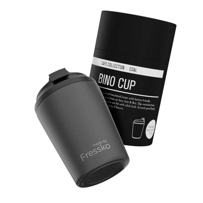 Made By Fressko Camino 8oz Insulated Stainless Steel Cup with a black lid and packaging, perfect for corporate gift.
