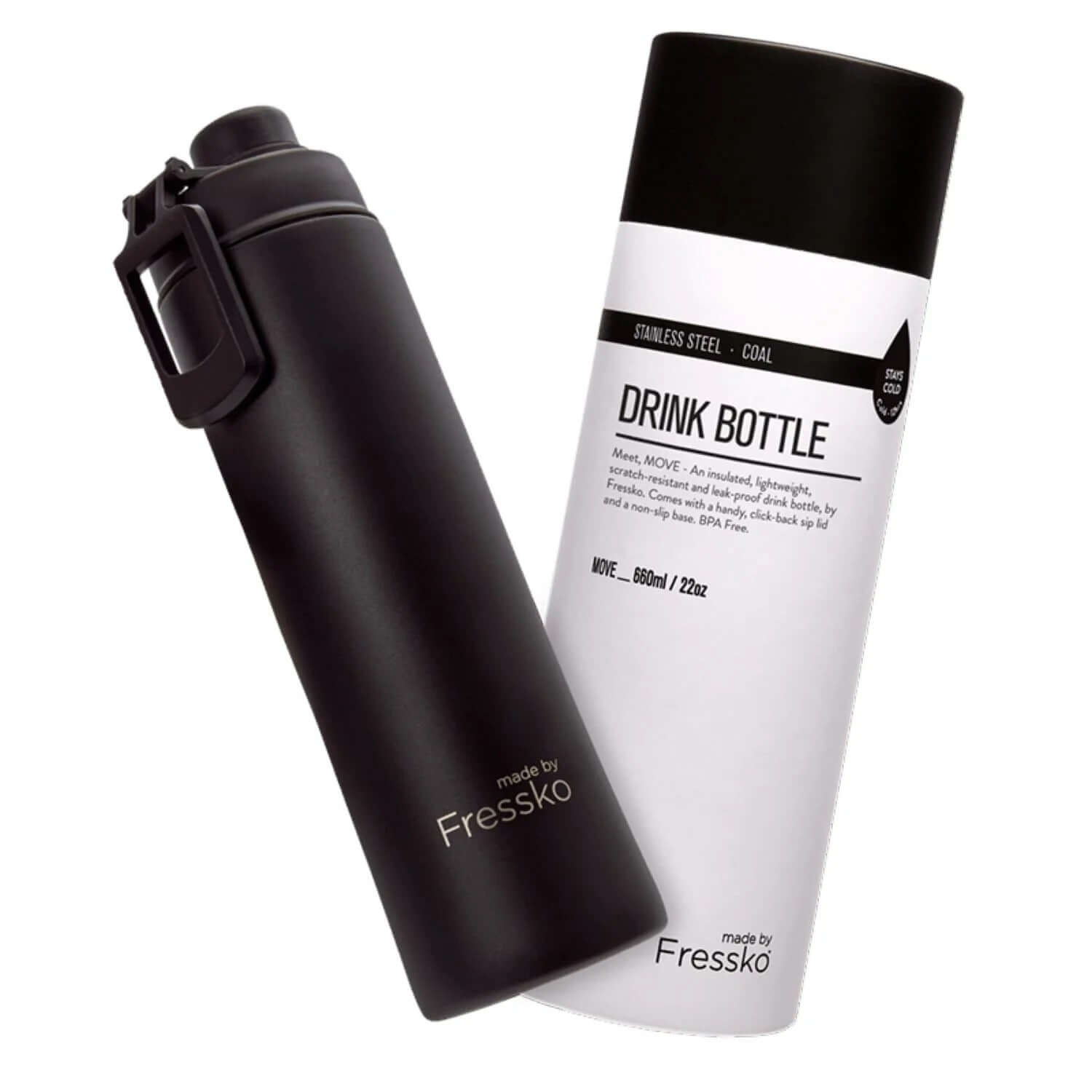 Made By Fressko Move 22oz Insulated Stainless Steel Drink Bottle with packaging, perfect for outdoor activities.