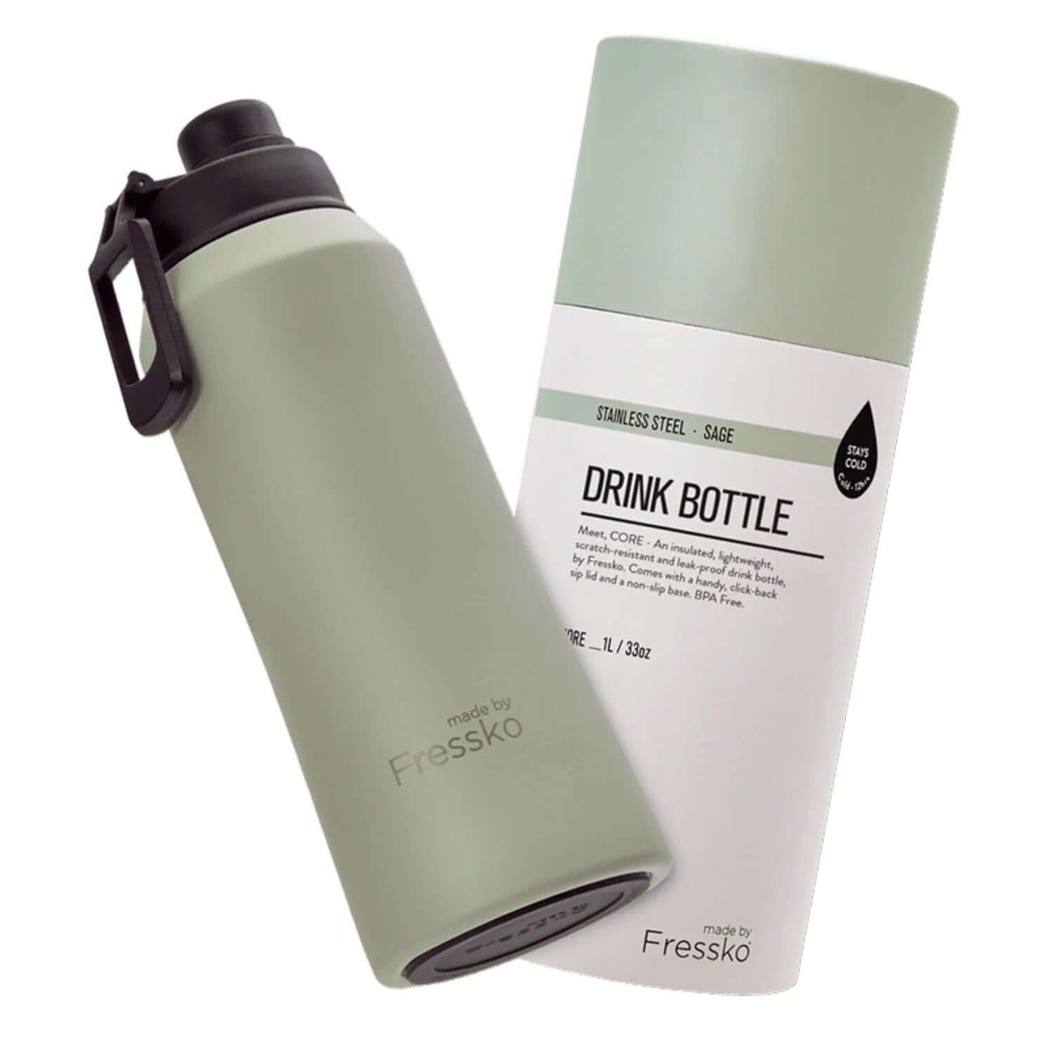 Made By Fressko Core 34oz Insulated Stainless Steel Drink Bottle with box, stylish green color, perfect corporate gift.