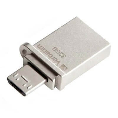 Verbatim OTG Micro 32GB USB 3.0 Flash Drive in sleek silver metal shell, perfect for on-the-go storage.