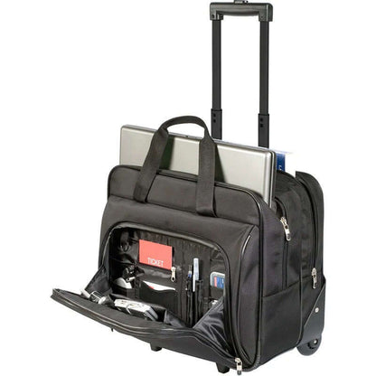Targus TBR003EU-72 15.6'' Rolling Laptop Case with laptop, front pockets, and extended handle.