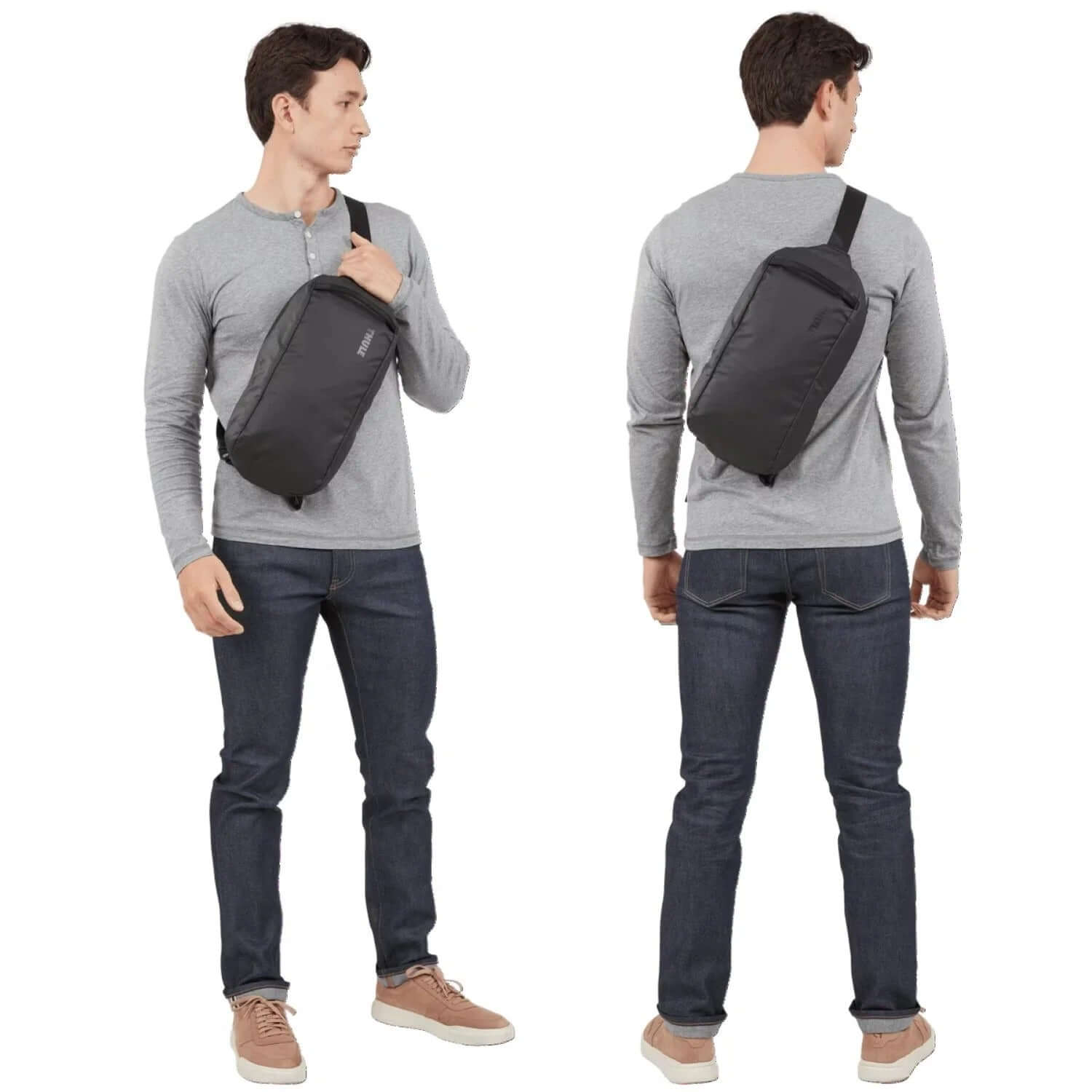 Thule Tact Sling 8L worn by a man, showcasing its versatile and compact design for everyday use.
