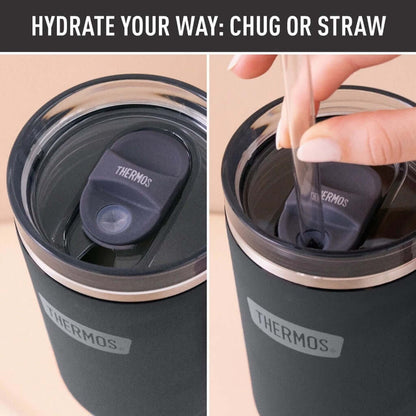 Thermos TS180S 1.2L Stainless Steel Cup Holder Mug with slide lock lid and straw option for hydration.