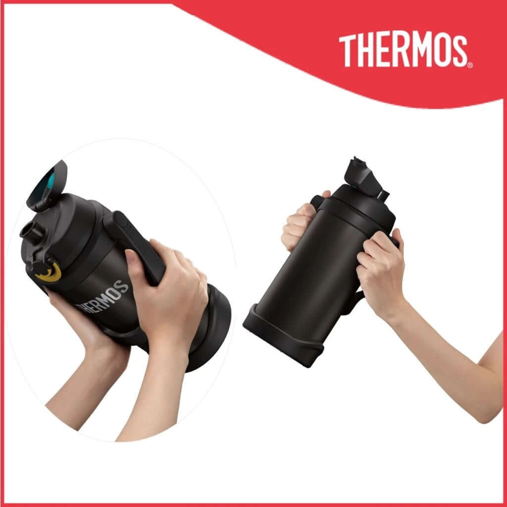 Thermos FJQ-2000 Sports Jug with Lockable Lid and Handle held in hands, showcasing its ergonomic design and durability.