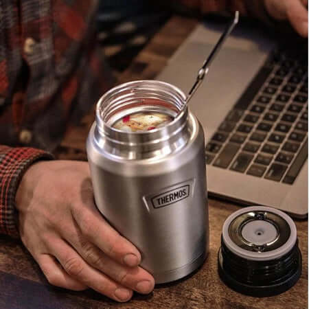 Thermos ICON IS3012 Food Jar with Foldable Spoon shown with food, perfect for corporate gift or on-the-go meals.