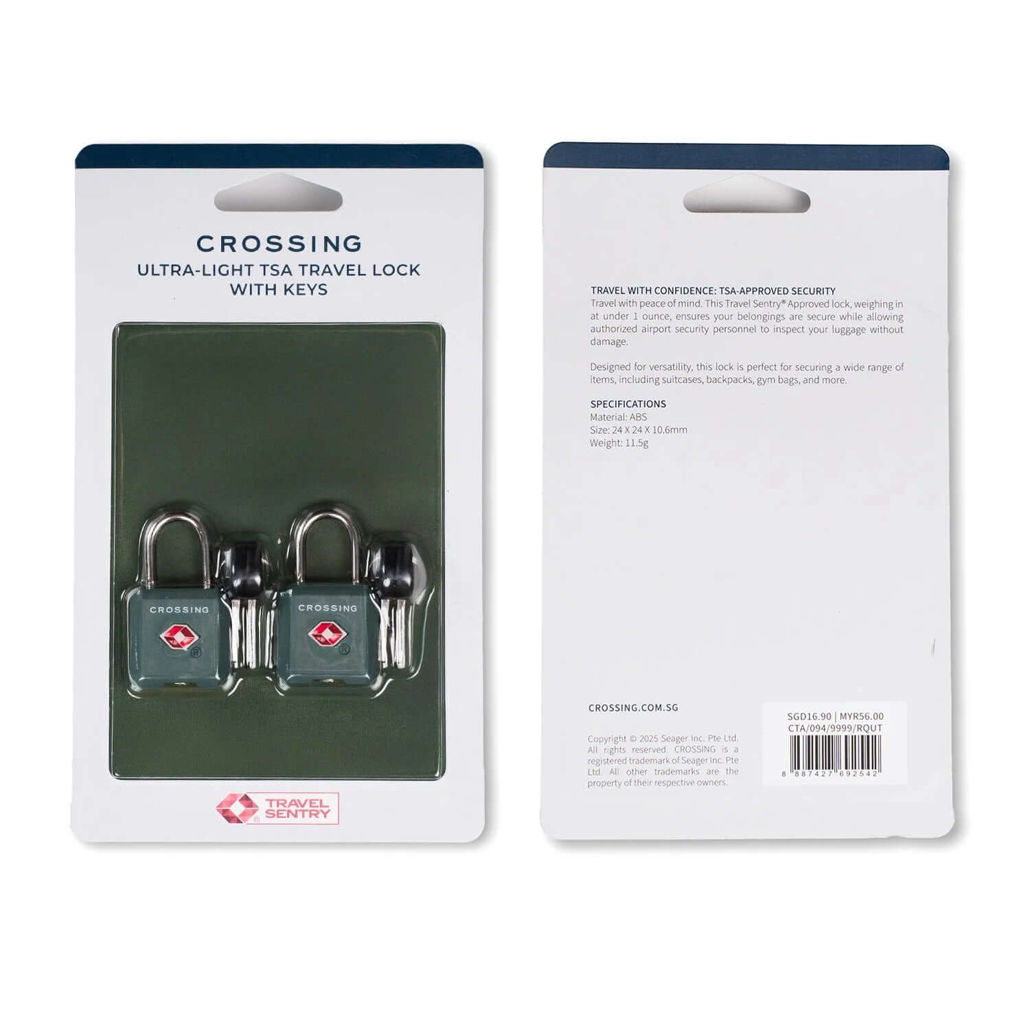 Crossing Ultra-Light TSA Travel Lock With Keys (Twin Pack) in packaging with specifications and travel safety tips.