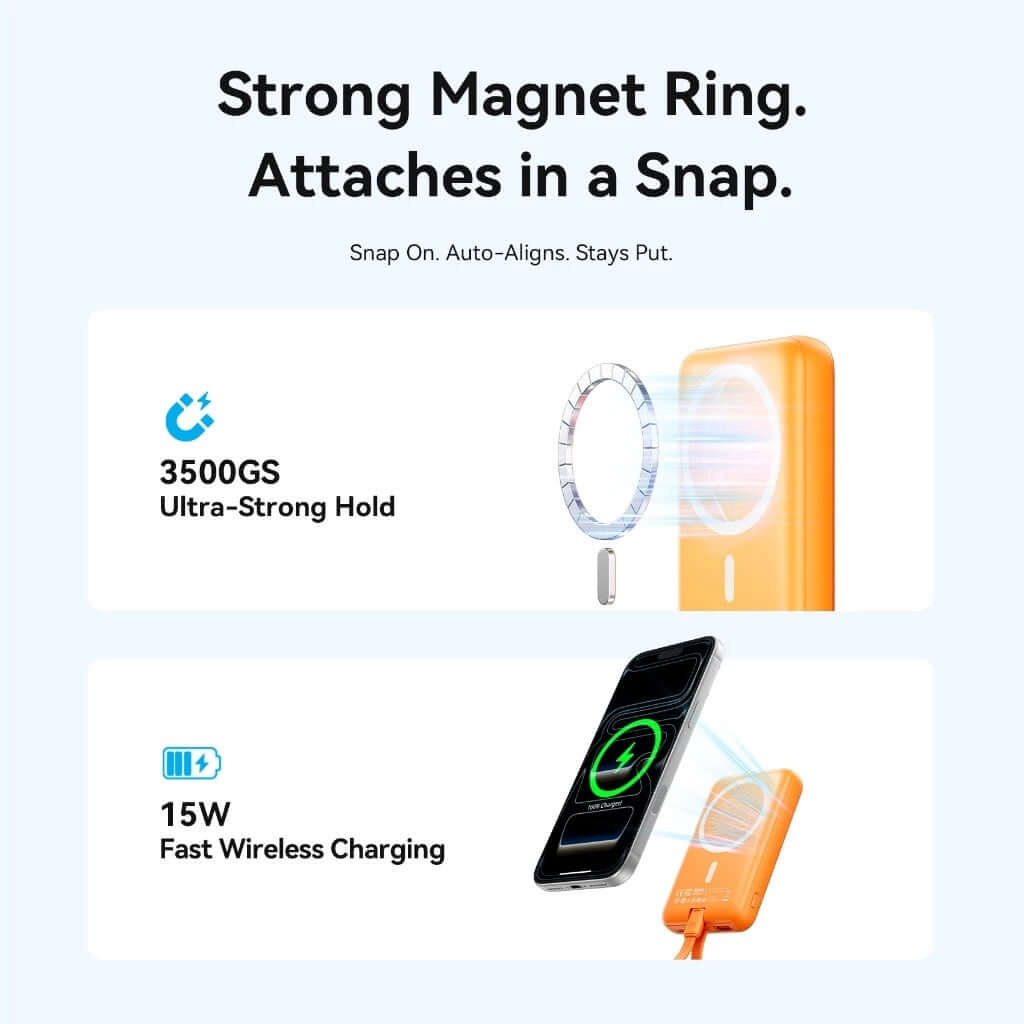 Vention CCC 10000mah Magnetic Wireless Power Bank With Cable showing strong magnet ring and fast wireless charging features.