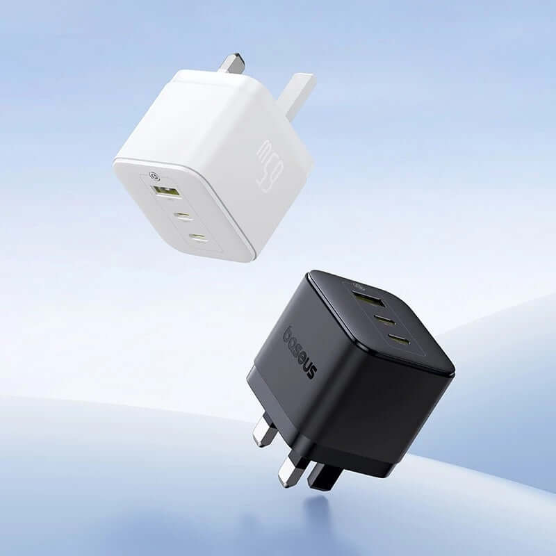 Baseus Palm Fast Charge 65W charger in white and black, perfect for corporate gift and fast charging on-the-go.