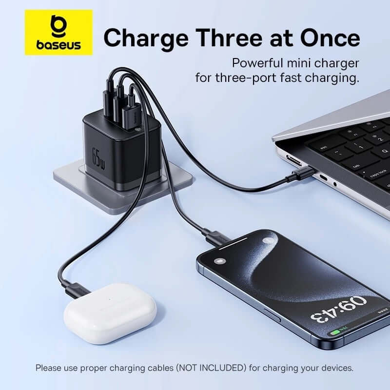 Baseus Palm Fast Charge 65W mini charger with three ports charging devices simultaneously.