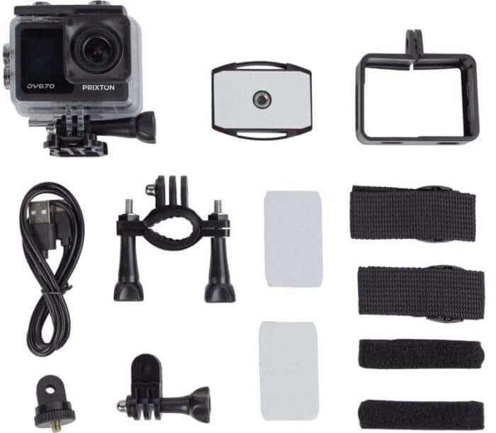 Prixton DV670 4K dual screen action camera with accessories and mounts for adventure photography.