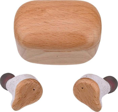 Prixton TWS163 earbuds with wood finish design and charging case, ideal as a corporate gift.