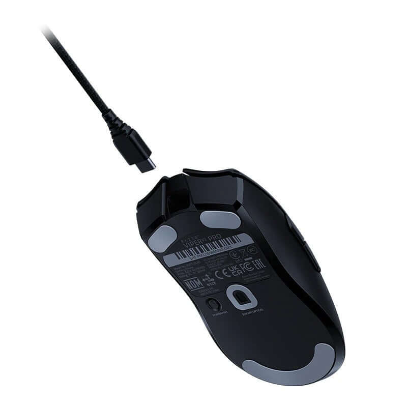 Razer Viper V2 Pro Wireless Gaming Mouse underside view with cable connection.