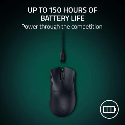 Razer DeathAdder V4 Pro Wireless Gaming Mouse showcasing up to 150 hours of battery life power through the competition.