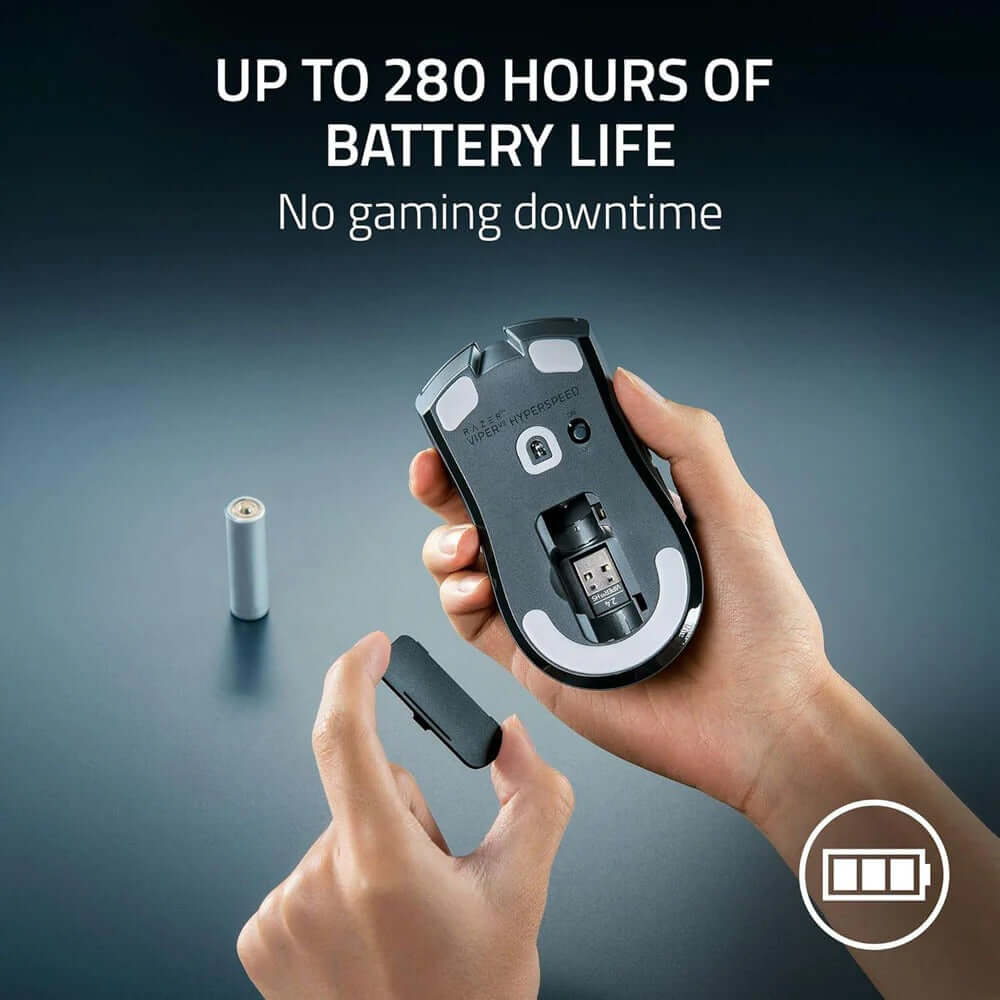 Razer Viper V3 HyperSpeed Wireless Gaming Mouse showcasing battery life and easy maintenance.