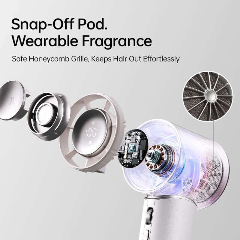 Exploded view of Snap-Off Pod with wearable fragrance and honeycomb grille, showcasing innovative design and functionality.