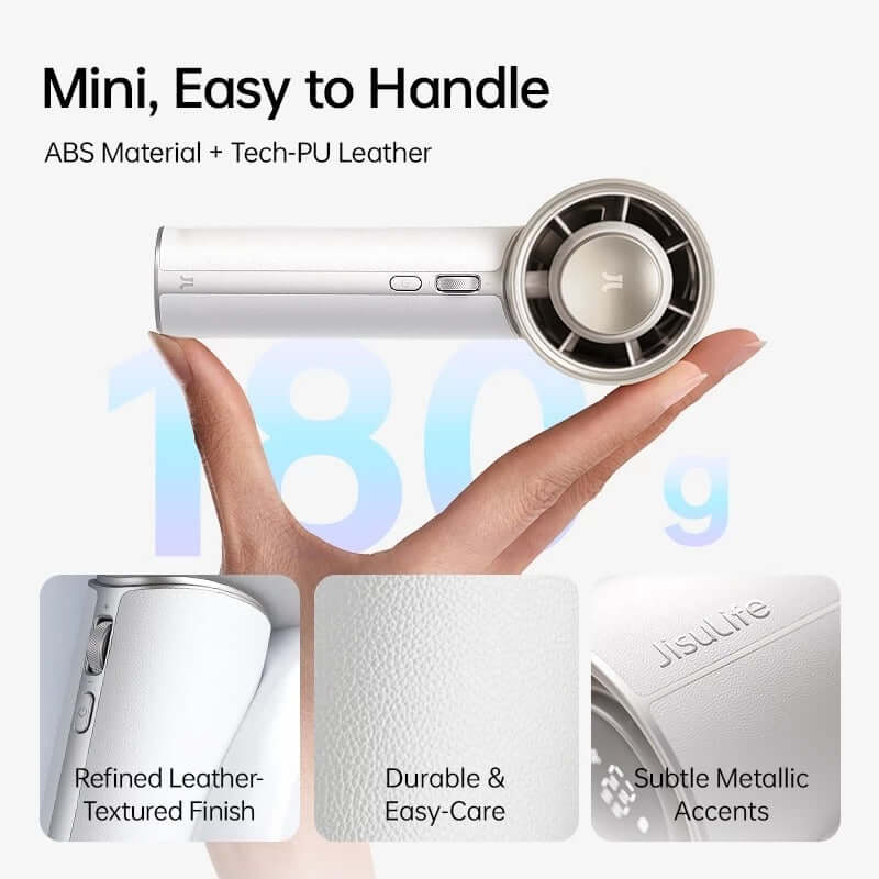 JisuLife Handheld Fan Pro 1 Mini showcasing its mini size, easy handling, and refined leather-textured finish.