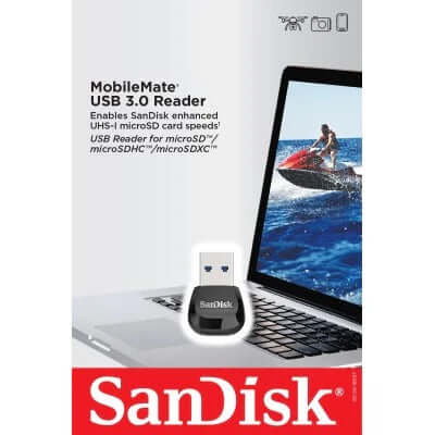 SanDisk MobileMate USB 3.0 microSD card Reader shown on a laptop, ideal for fast file transfers.