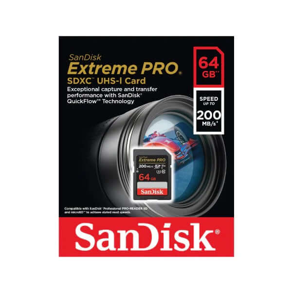 SanDisk Extreme PRO SDXC QuickFlow UHS-I 64GB packaging with specifications and branding.