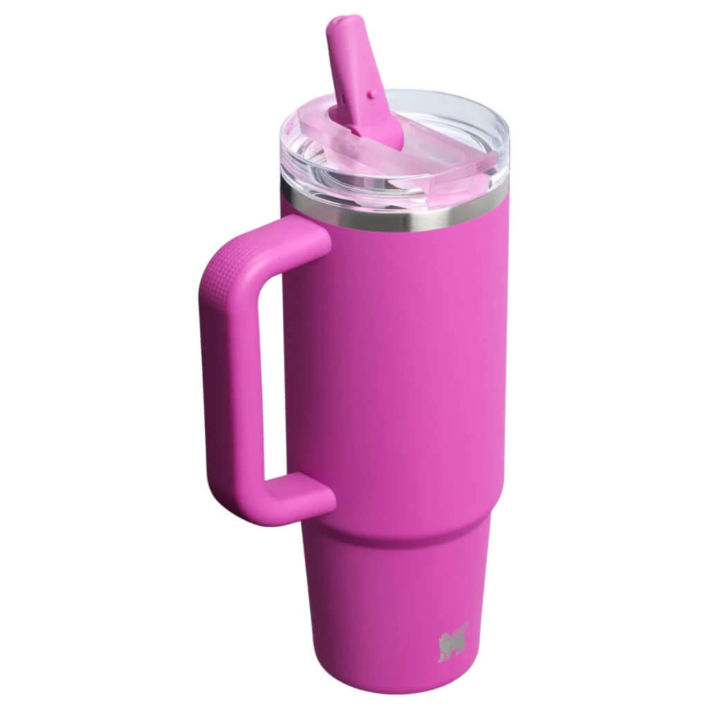 STANLEY The 30oz Quencher ProTour Flip Straw Tumbler (0.88L) in vibrant pink with a flip straw and comfortable handle.