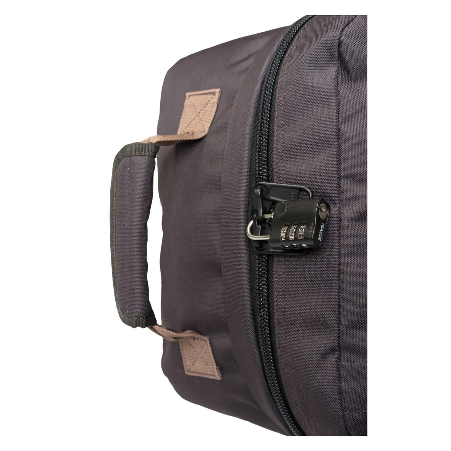 Close-up of the Cabinzero Classic Ultra Light Cabin Bag With Luggage Trackers 36L showing the handle and lock.